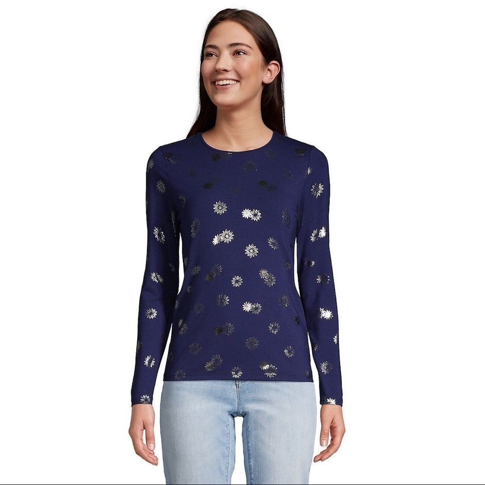 Lands’ End Crewneck Womens Graphic Navy & Silver Snowflake Tee Size Med (10-12)